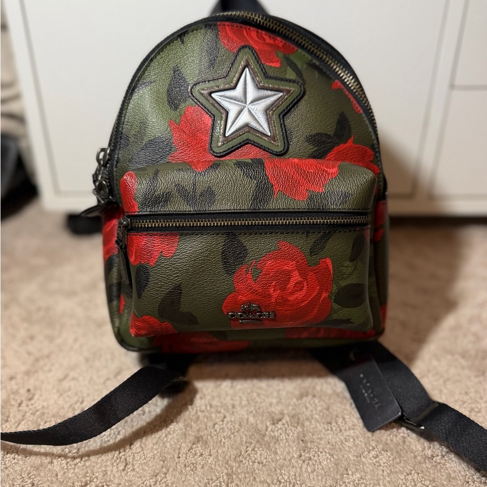 Coach Olive Green Rose Print Mini Backpack with Silver Star